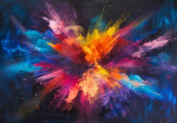 A colorful explosion of paint is splattered across a dark background. The colors are bright and vibrant, creating a sense of energy and excitement