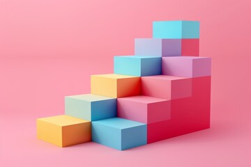 Obraz premium A colorful stack of blocks with a pink background. The blocks are arranged in a way that they look like a staircase. The colors of the blocks are bright and vibrant, creating a cheerful