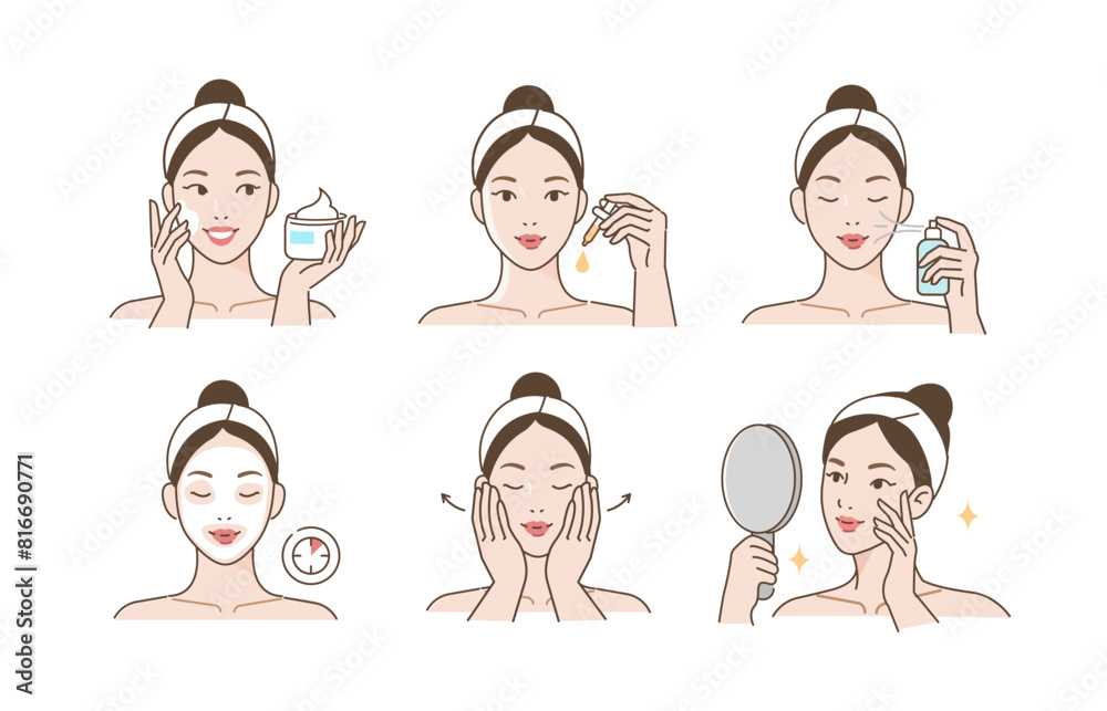 Canvas Prints Skincare set. Collection of girl taking care of her face and applying serum, moisturizing cream, lotion and facial mask. Beauty and hygiene concept. Vector illustration.