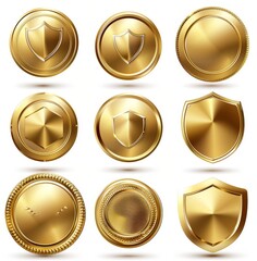 A set of gold colored shields and circles. The shields are of various sizes and shapes, and the circles are also of different sizes. Scene is one of luxury and elegance
