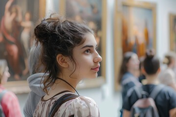 A woman with a ponytail is looking at a painting at a museum. She is wearing a necklace and a black purse. There are other people in the background, some of them carrying backpacks. Scene is casual an