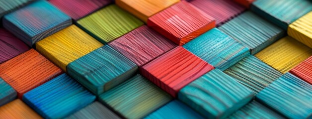A colorful pattern of wooden blocks arranged in a grid. The blocks are of different colors and sizes, creating a visually interesting and dynamic composition