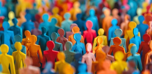 A group of people are standing in a line, with some of them wearing blue and others wearing red. The people are all different sizes and shapes, and they are all lined up in a row. Concept of group & i