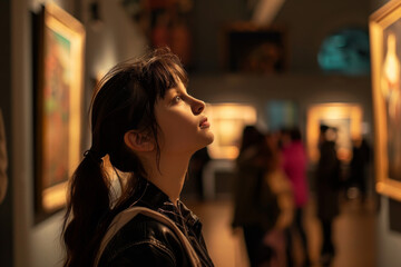 A woman is looking at a painting in a museum. She is wearing a black jacket and has her hair in a...