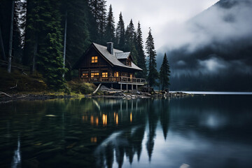 Fototapeta premium Cabin by lake amidst trees