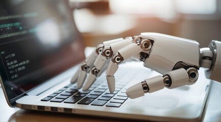Naklejka premium A robot is typing on a laptop keyboard. The robot is white and has a mechanical appearance. The laptop is open and the robot's hand is on the keyboard. Concept of technology and automation