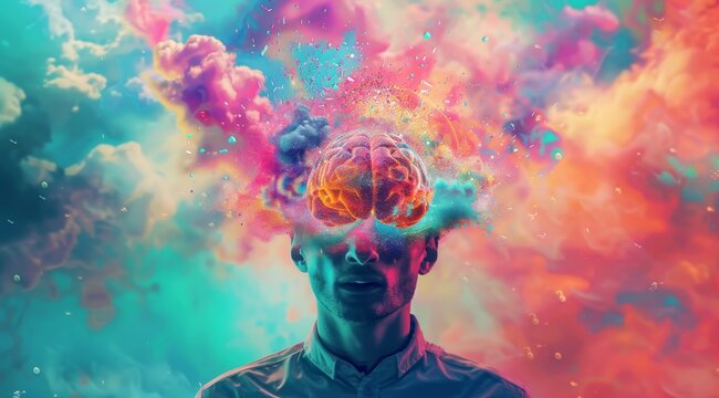 A man's brain is exploding in a colorful explosion. The image is meant to convey the idea of creativity and the power of the mind