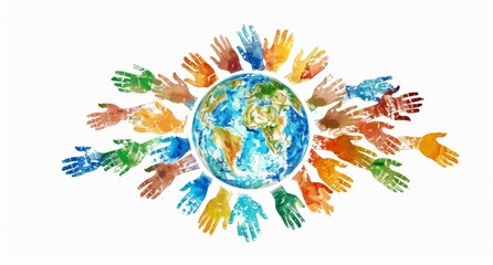 A colorful drawing of the world with many hands surrounding a globe. The hands are of different colors and sizes, and they are all touching the globe. Concept of unity and togetherness