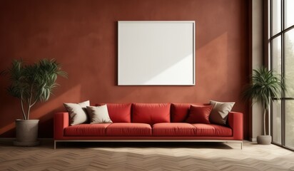 Mockup white poster frame on the wall. Red modular corner sofa against blank brown stucco wall with copy space. Loft interior design of modern living room, home.