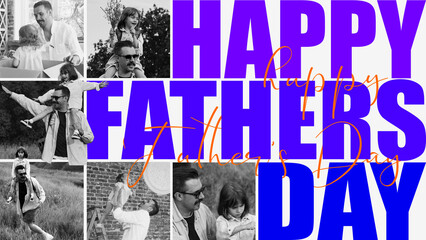 Collage with monochrome photos of happy smiling man, father and his little daughter. Greetings....