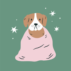 Vector illustration of a dog wrapped in blanket. Vacation, journey vibe