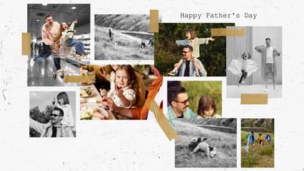 Heartwarming collage showcasing fathers day filled with fun and adventure, showing joy and love shared between father and child. Creative design. Happy Father Day, parenthood, family, holiday concept
