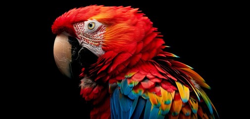 A colorful parrot with vibrant red, blue and yellow feathers on black background.