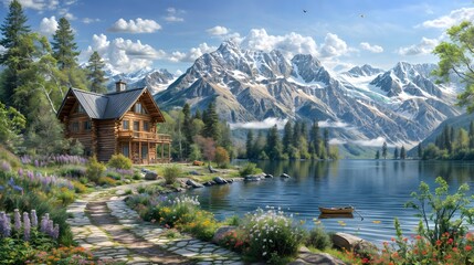 A tranquil mountain scene with a cabin by a lake under the blue sky, set against lush forests and snow-capped peaks. A boat is moored on the lake.