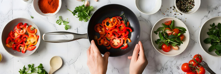 Step-by-Step Tutorial for Preparing a Delicious Vegetable Stir-Fry on a White Marble Countertop