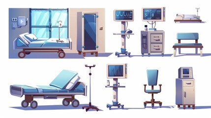 Isolated hospital items from a clinic ward or chamber. Bed, life support system, computer, chair, locker for medicines, wheeled table and medical dropper holder.