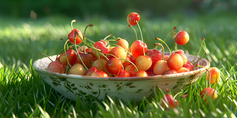 Sweet cherries in a white bowl on a green lawn