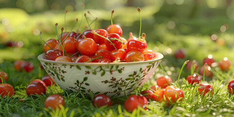 Fresh cherries in a bowl on green grass