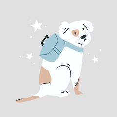 Vector illustration of a funny dog with travel bag waiting for adventure. Vacation, journey vibe. Dog travel concept