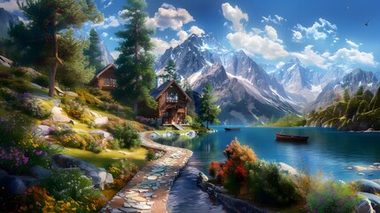 A tranquil mountain scene with a cabin by a lake under the blue sky, set against lush forests and snow-capped peaks. A boat is moored on the lake.