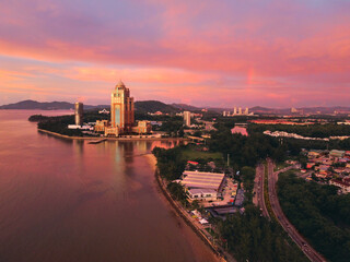 Kota Kinabalu or Likas Bay taken by drone during sunset 