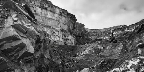 A black and white photo of a quarry. Perfect for industrial concepts