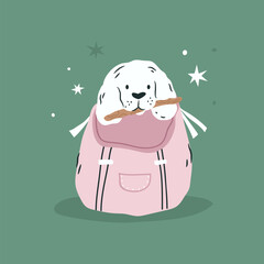 Vector illustration of a spaniel dog sitting in a backpack. Vacation, journey vibe. Dog travel concept