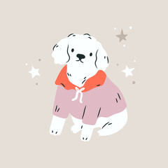 Vector hand drawn illustration of a happy white bichon frise with a red scarf, neckpiece. Pet friendly concept, design, graphic art, print