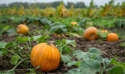 Pumpkin growing in the field,  Generative AI