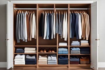 a well-organized closet with neatly folded sweaters and hanging clothes on wooden hangers, ai, generative, 생성형