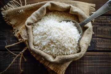 A burlap sack filled with uncooked white rice and a metal scoop on a wooden surface. Created with Generative AI.