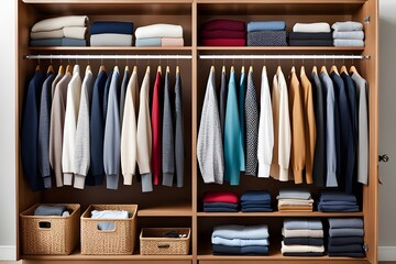 a well-organized closet with neatly folded sweaters and hanging clothes on wooden hangers, ai, generative, 생성형