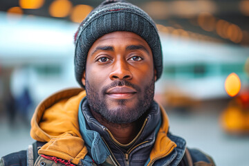African American aircraft maintenance worker at airport