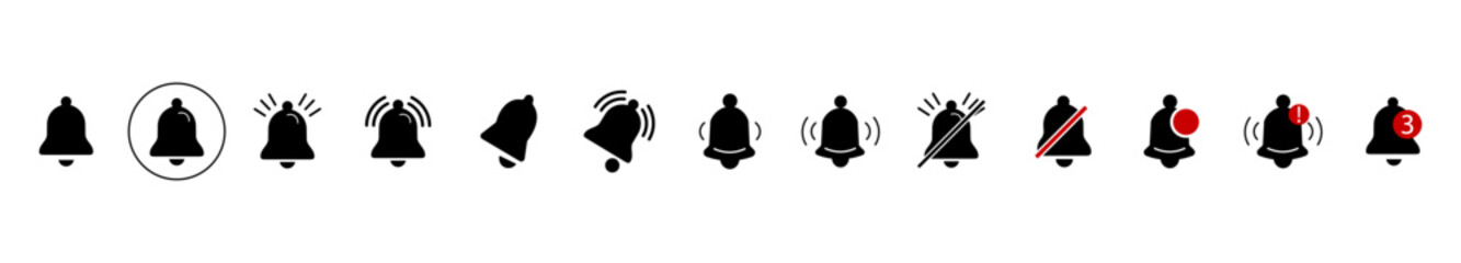 Set of notification bell icons. Symbol of alarm. Notification message. Call and notification for smartphone. Symbol of alarm. Anxiety. Vector illustration