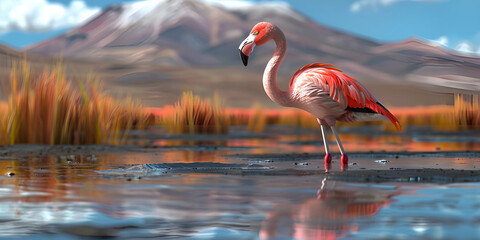 A graceful flamingo wading in a desert oasis