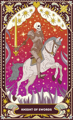 Knight of Swords A tarot card in bohemian tones in a modern style in the form of a skeleton. Modern map illustration, minimalistic cartoon skeleton, simple vector drawing