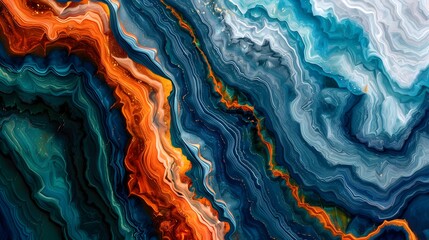 A painting of a wave with blue and orange colors. The blue and orange colors create a sense of movement and energy. The painting is abstract and has a dreamy, almost surreal quality to it