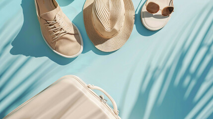 Trendy summer accessories on beach themed studio set for product brand