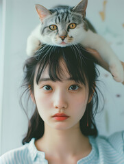 猫を頭に乗せたアジア人女性のファッションポートレート