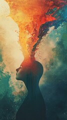 A persons head with multi-colored water flowing out, representing thoughts and mental health, vertical poster