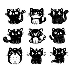 Doodle black and white silhouette of cute character cartoon cats