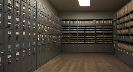 A simple record keeping and archive, cabinet of folders in a large room
