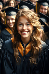 Fototapeta premium Portrate of smiling graduate girl with other graduates on background. Education and graduation theme.