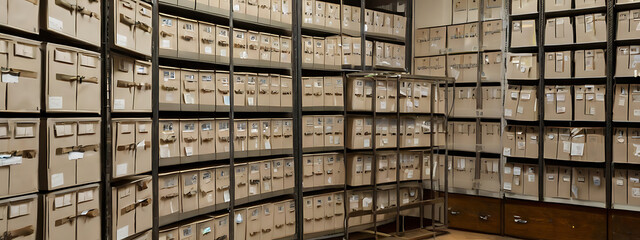 A simple record keeping and archive, cabinet of folders in a large room
