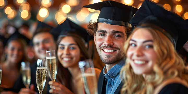 Graduates celebrate with champagne or make toasts with their friends.
