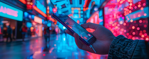 Amidst a futuristic digital landscape, a hand holds a smartphone featuring an innovative online shopping platform, highlighting seamless digital payment options. With its minimalist color background