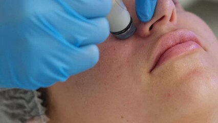 Professional dermatologist in medical gloves doing hydrafacial procedure at beauty salon. Closeup footage of young woman getting hardware cleaning and polishing face skin.