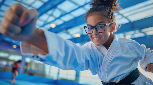 A teenage girl shows karate techniques in training with a black belt