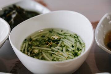 Asian Korean Side Dish Appetizer. Pickled Radish Soup. Korean food.