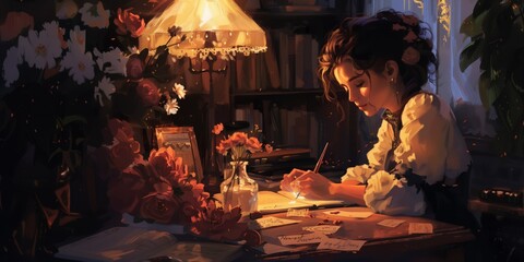 Young female romance writer immersed in crafting stories at a cozy, lamplit desk